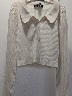 HERA Cream Collar Long Sleeve Ribbed Cropped Polo Top Womens L